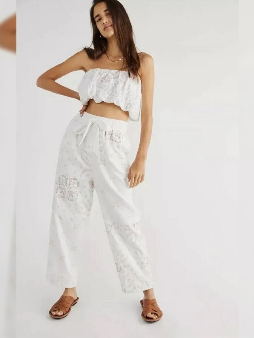Free People Weekender Set White Embroidered Tube Top Pants Set Women's‎ XL